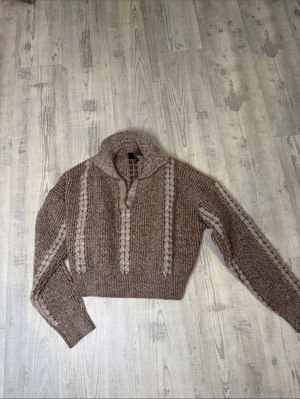 Windsor Cropped Cable Knit Turtleneck Sweater in Taupe and Cream